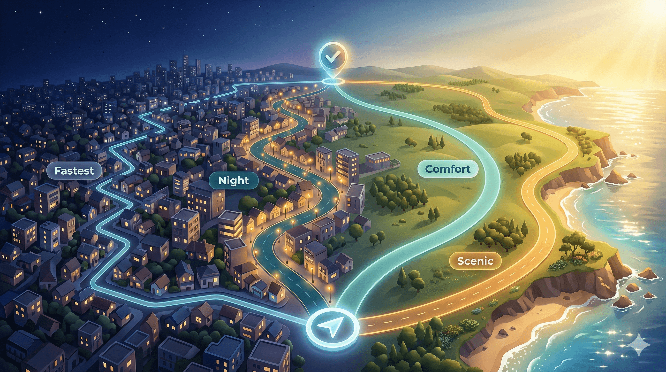Vysta profiles: Fastest, Night, Comfort, Scenic